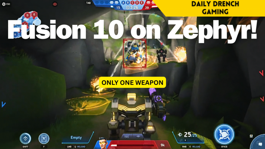 Fusion 10 weapon firing on Zephyr mech in Mech Arena 2025 gameplay screenshot