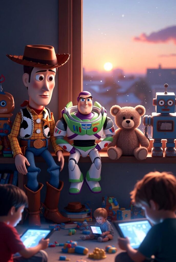Toy characters observing children using digital devices in Toy Story 5