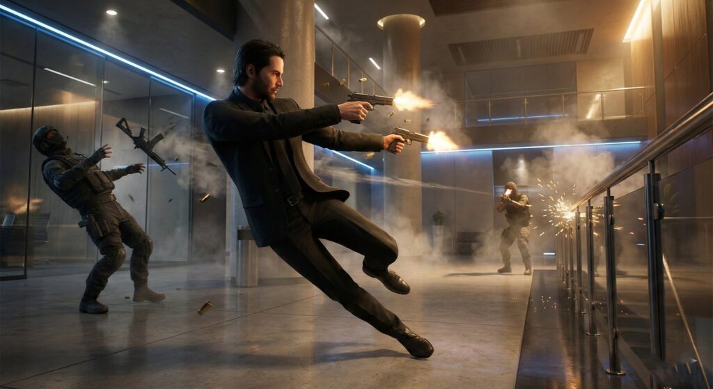 realistic John Wick-style video game combat