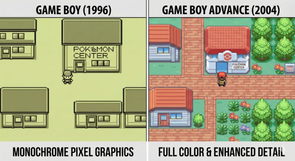 Side by side comparison of original Pokémon Red on Game Boy and Pokémon FireRed remake on Game Boy Advance, highlighting the visual upgrades