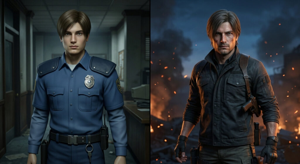 Official Capcom screenshot of Raccoon City's ruins in Resident Evil Requiem showing the abandoned, overgrown police station from Resident Evil 2 as it appears 30 years after the 1998 nuclear strike