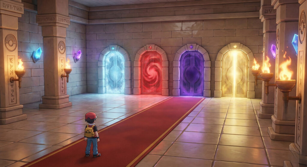 Pokémon FireRed and LeafGreen Elite Four chamber entrance at Indigo Plateau with four glowing doorways