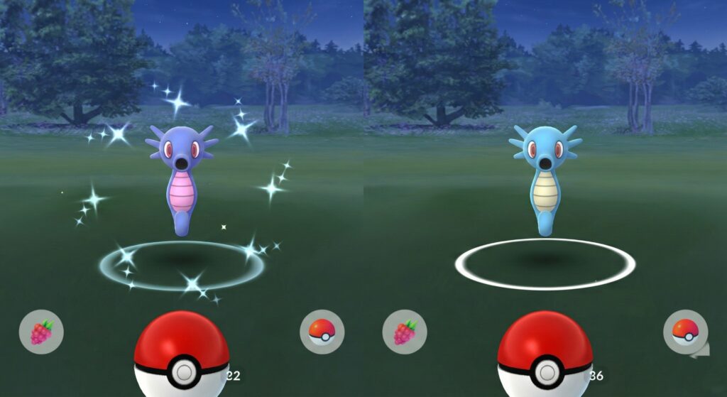 Shiny Horsea versus regular Horsea comparison in Pokémon GO catch screen, showing the subtle color difference players should look for during Spotlight Hour
