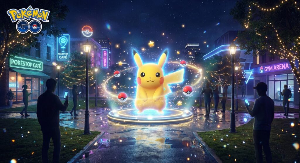 Pokémon GO Spotlight Hour event with a glowing featured Pokémon surrounded by stars and Pokéballs in a night cityscape setting