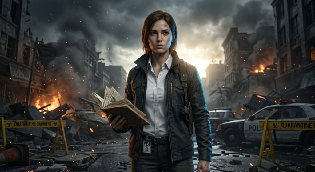 Official Leon S. Kennedy character render from Resident Evil Requiem (Capcom, 2026), showing him in his DSO agent outfit standing against the backdrop of Raccoon City ruins"