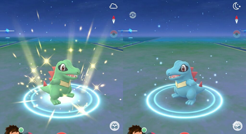 Shiny Totodile in Pokémon GO with its distinctive green coloring next to a standard blue Totodile for comparison during Spotlight Hour