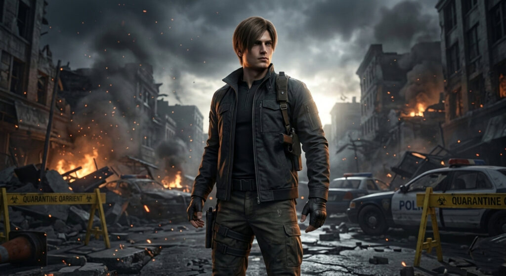 Resident Evil Requiem official Capcom key art featuring FBI analyst Grace Ashcroft and DSO agent Leon S. Kennedy standing as dual protagonists against the backdrop of Raccoon City's nuclear ruins