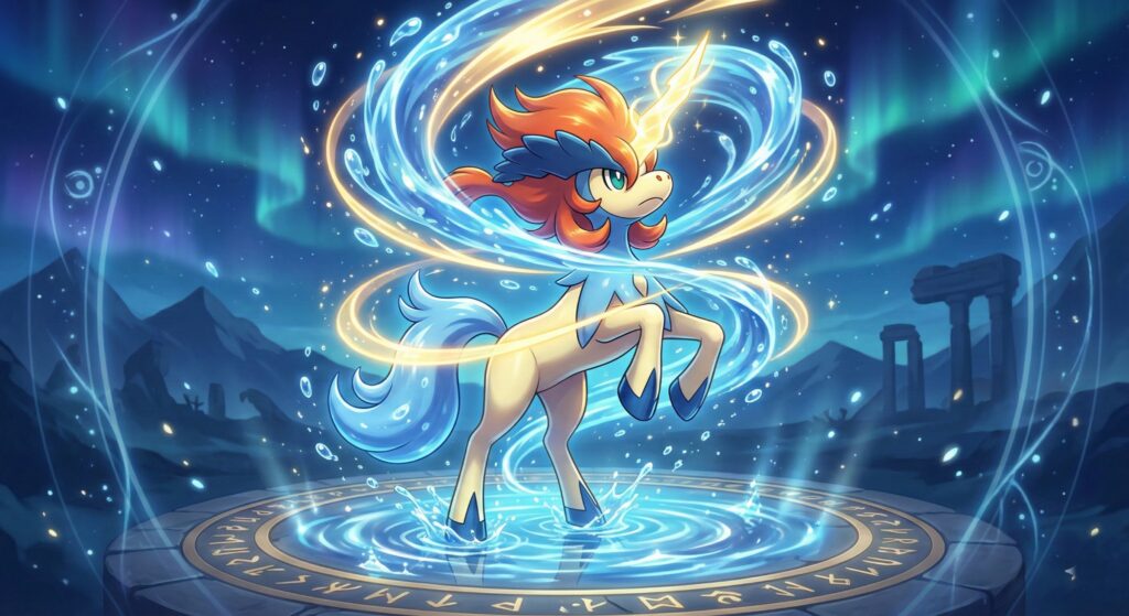 Pokémon GO Tales of Transformation season artwork featuring Keldeo's Resolute Form transformation with water and light effects