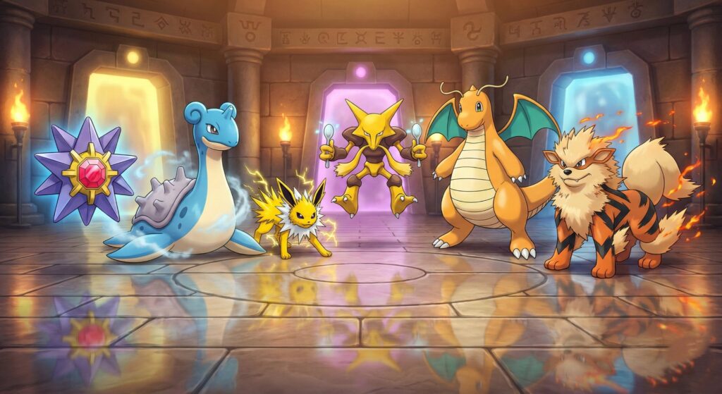 Ideal party of six Pokémon for Pokémon FireRed and LeafGreen Elite Four challenge, including Starmie, Lapras, Jolteon, and Alakazam