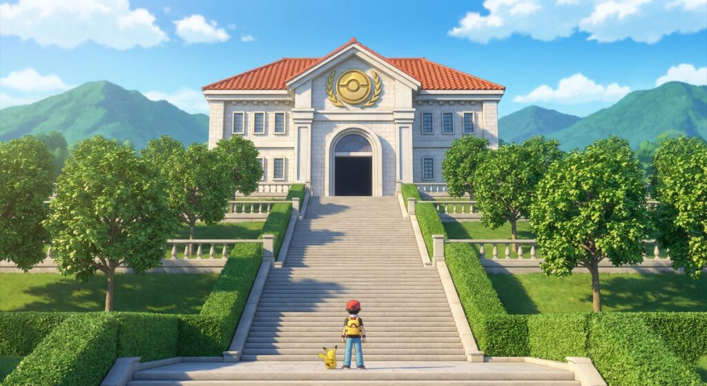 Indigo Plateau entrance in Pokémon FireRed and LeafGreen with the iconic staircase and league building exterior