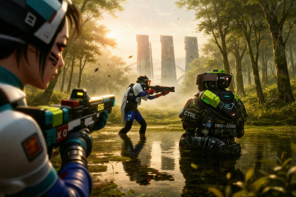 Marathon game official Bungie key art featuring cybernetic mercenary Runners on the hostile surface of Tau Ceti IV, with the colossal ghost ship UESC Marathon visible in low orbit above the ruined colony