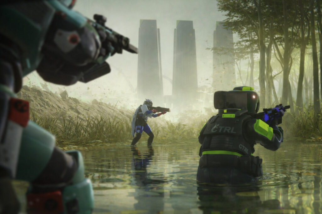 Marathon game official Bungie screenshot key art featuring cybernetic mercenary Runners on the hostile surface of Tau Ceti IV, with the colossal ghost ship UESC Marathon visible in low orbit above the ruined colony