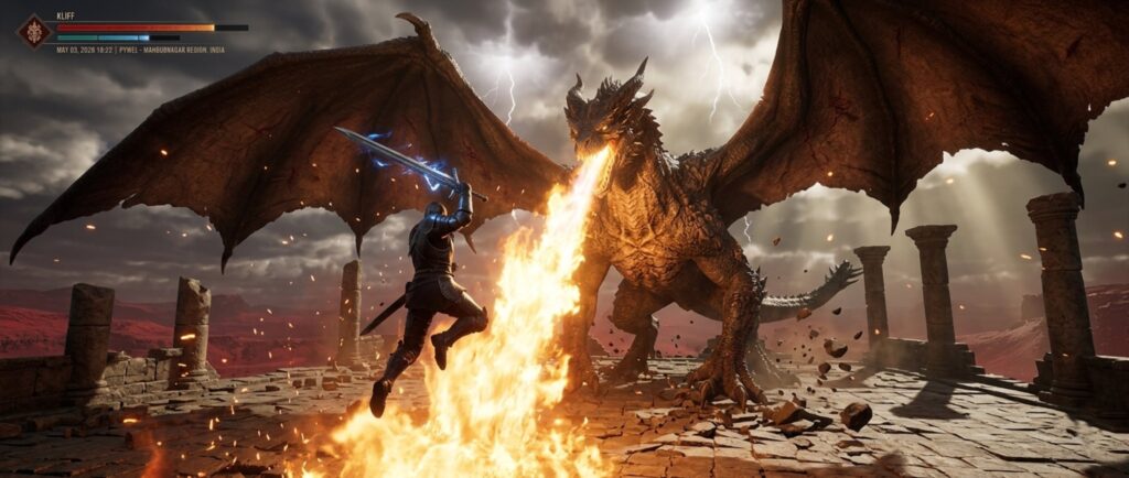 Crimson Desert gameplay demonstrating the BlackSpace Engine's dynamic lighting, scale, and visual fidelity that drives the game's PC hardware demands