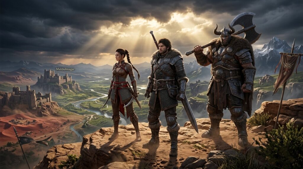 Crimson Desert single-player companion system showing protagonist Kliff accompanied by AI-controlled companions Damiane and Oongka in the open world of Pywel — the game's answer to party-based gameplay without multiplayer support at launch