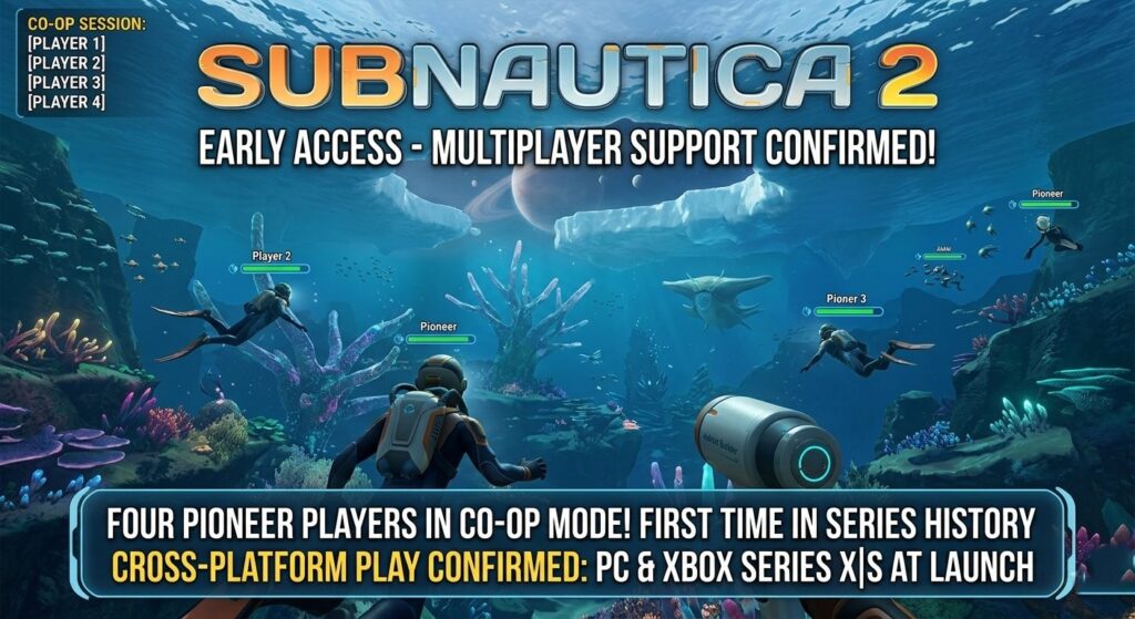 Subnautica 2 gameplay screenshot showing four Pioneer players swimming together in co-op mode on the alien ocean moon Cesura, the first time in the series that multiplayer has been supported, with cross-platform play between PC and Xbox Series X|S confirmed at launch
