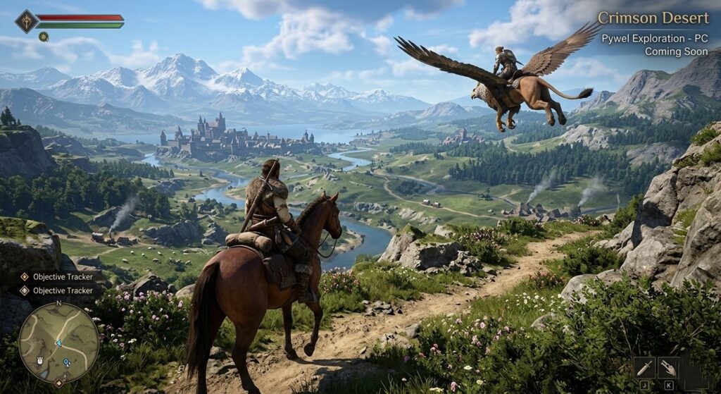 Crimson Desert open world PC exploration screenshot showing vast Pywel landscape with mountains, rivers, and flying mount – ideal for Crimson Desert release date PC world visuals