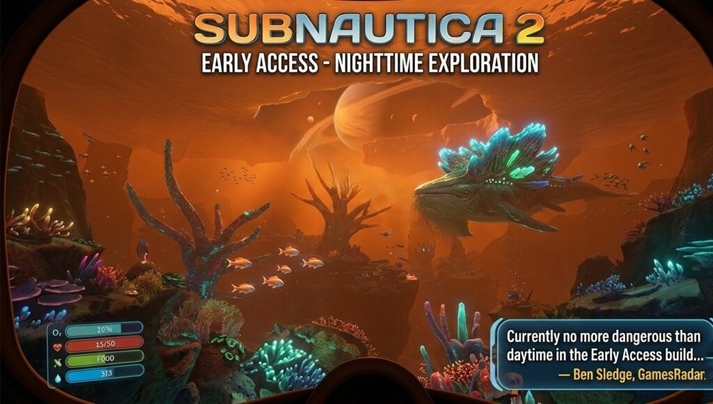 Subnautica 2 nighttime underwater screenshot showing the bioluminescent alien ocean of Cesura bathed in warm orange atmospheric lighting, stunning visually but currently no more dangerous than daytime in the Early Access build, according to GamesRadar's review by Ben Sledge