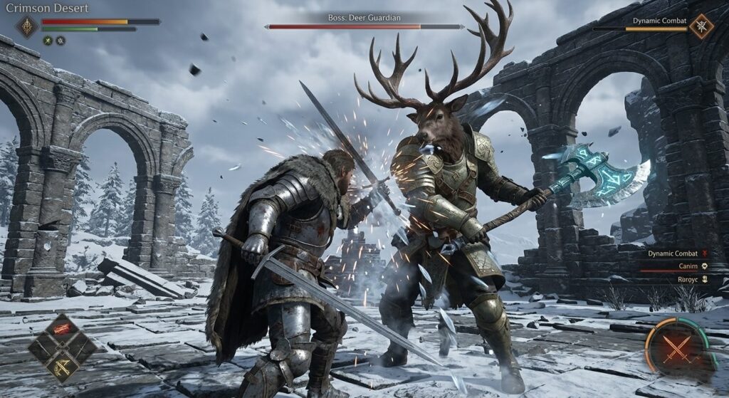Crimson Desert PC gameplay screenshot of intense boss fight with armored warrior clashing swords against a deer-like enemy in snowy ruins – perfect for players searching Crimson Desert release date PC combat visuals