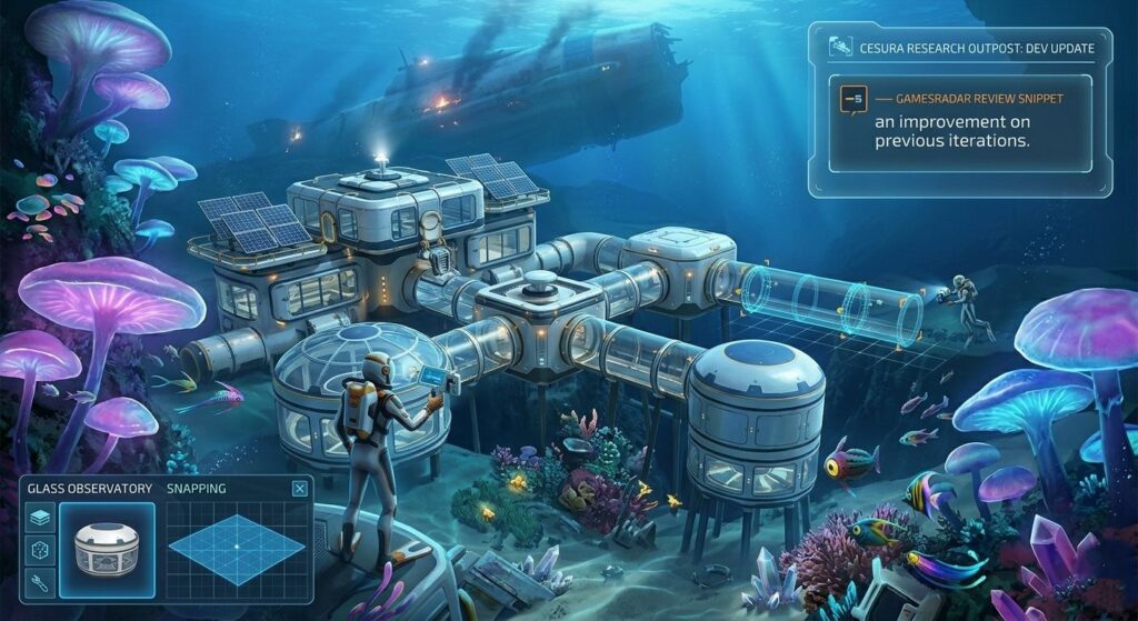 Subnautica 2 gameplay screenshot showing the improved base-building system, a complex glass and metal underwater research station on the seafloor of Cesura, demonstrating the cleaner modular snapping system that GamesRadar's reviewer called "an improvement on previous iterations."
