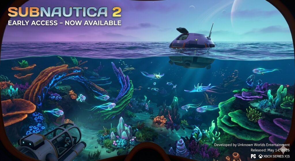 Subnautica 2 early access launch screenshot showing the alien ocean moon Cesura, an entirely new world unrelated to Planet 4546B from the original game, with bioluminescent creatures, colorful coral reefs, and the starting escape pod visible on the ocean surface. Developed by Unknown Worlds Entertainment, released May 14, 2026, on PC and Xbox Series X|S.