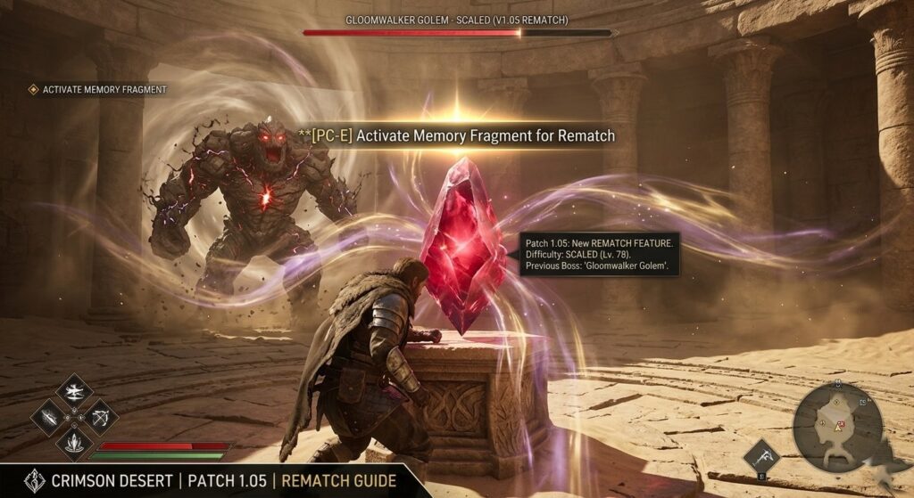 Crimson Desert PC patch 1.05 Rematch feature screenshot showing Memory Fragment activation against scaled boss – SEO for Crimson Desert May 2026 update guide