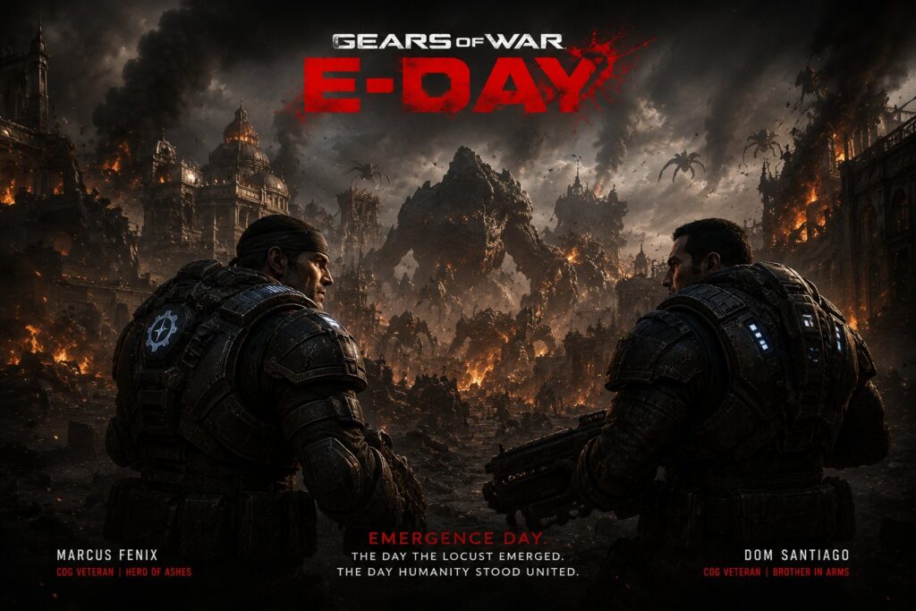 Gears of War E-Day cinematic reveal featuring Marcus Fenix and Dom Santiago during Emergence Day