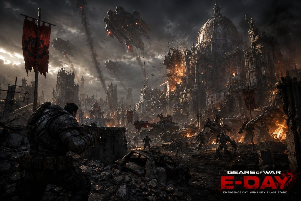 Unreal Engine 5 Gears of War E-Day city destruction scene showing Locust invasion