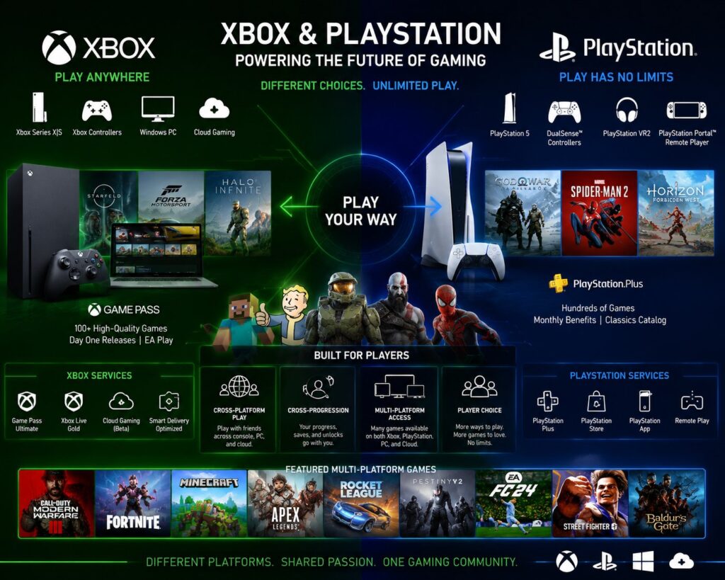 Xbox and PlayStation gaming ecosystem comparison showing modern multi-platform strategy