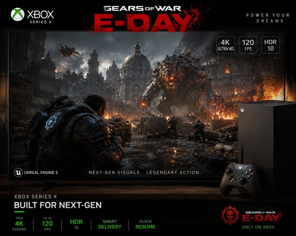 Gears of War E-Day multiplayer battle showcasing modern Unreal Engine 5 visuals