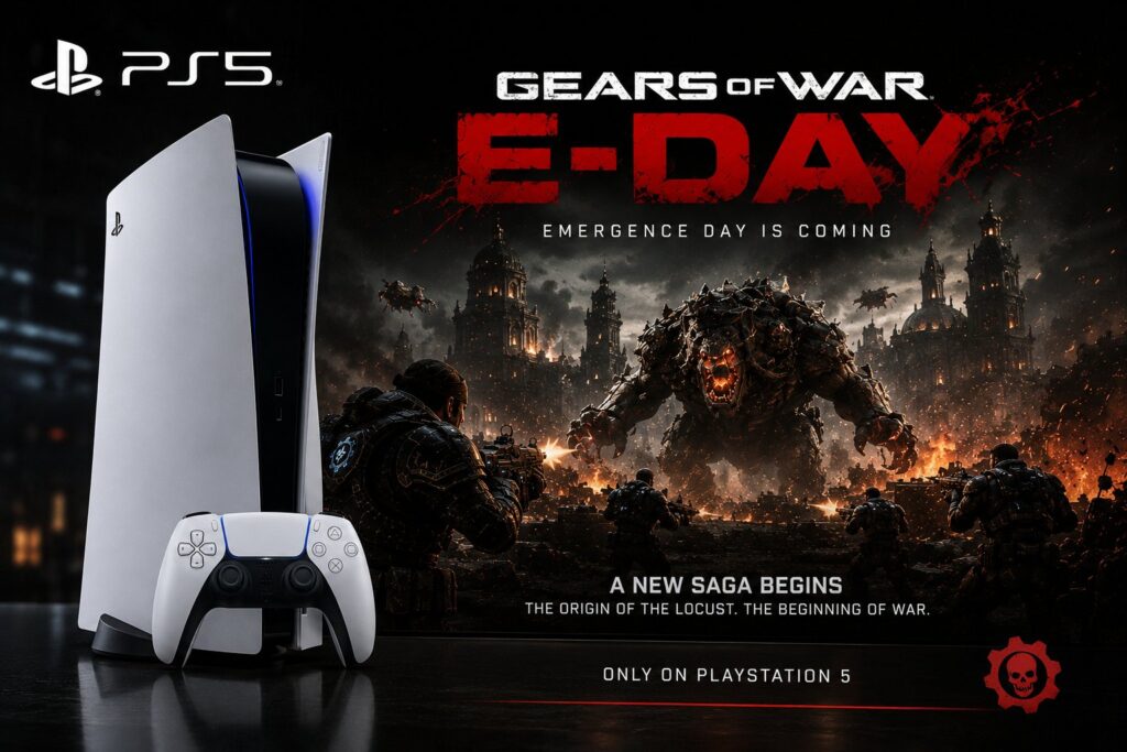 PlayStation 5 console next to Gears of War E-Day promotional artwork