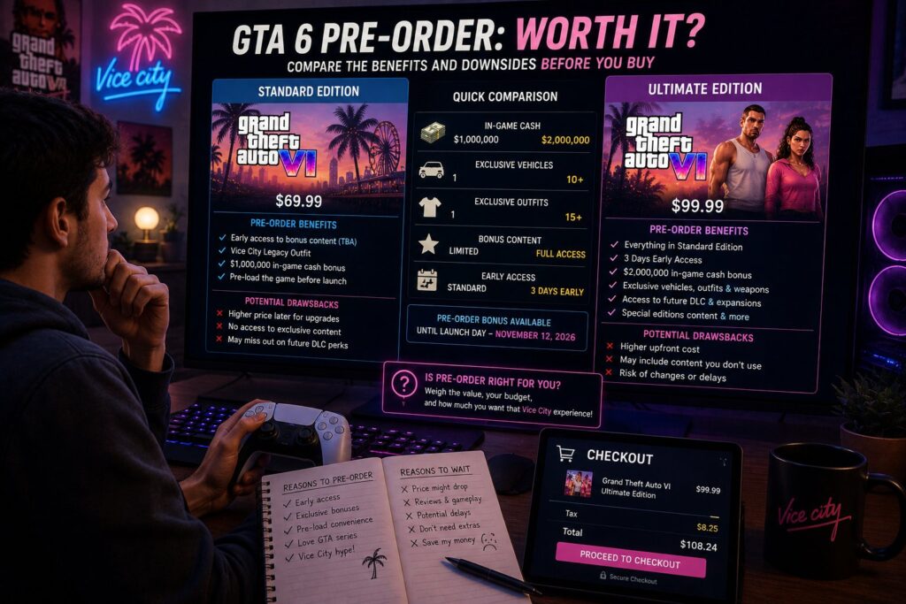 Gamer comparing GTA 6 pre-order benefits and drawbacks before completing checkout