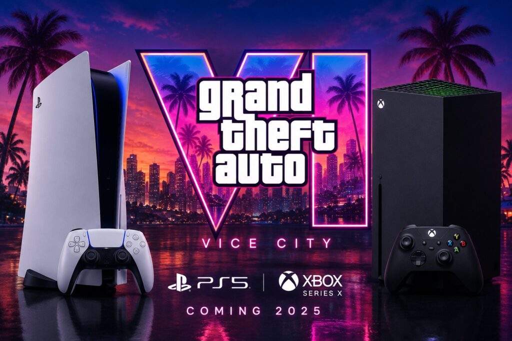 Grand Theft Auto VI logo displayed alongside PlayStation 5 and Xbox Series X consoles