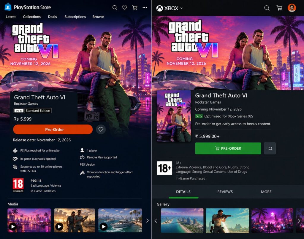 Official GTA 6 pre-order page shown on PlayStation Store and Xbox Store
