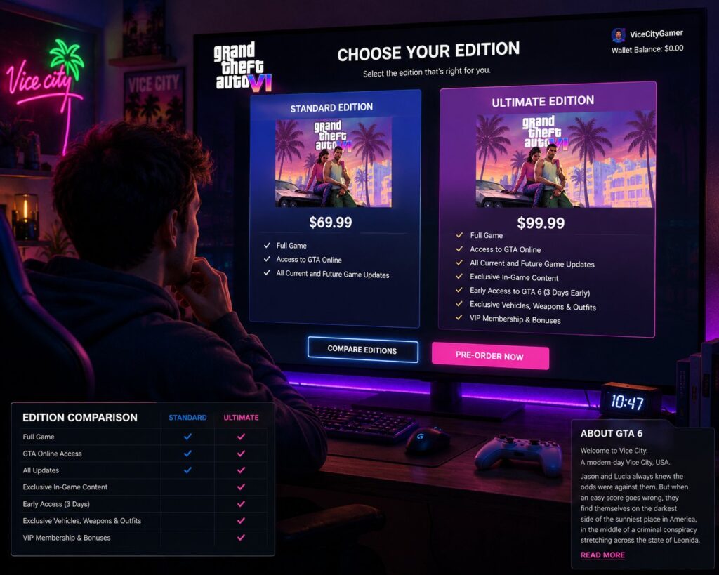 Gamer comparing GTA 6 Standard Edition and Ultimate Edition before purchase