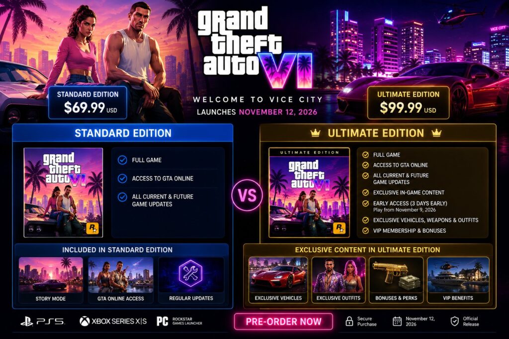 GTA 6 Standard Edition compared with Ultimate Edition, showing official pricing and included content