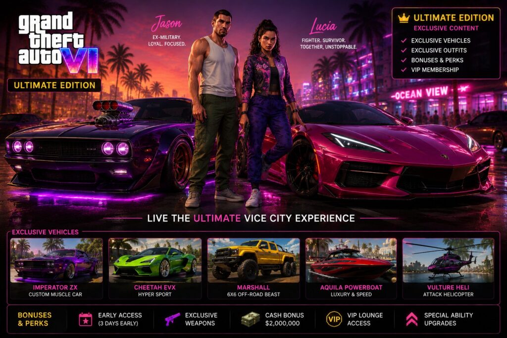 Jason and Lucia standing beside customized sports cars available in GTA 6 Ultimate Edition