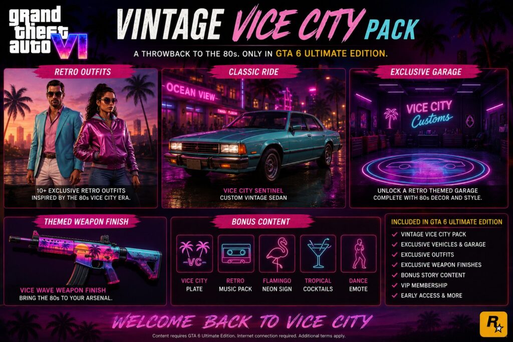 GTA 6 Vintage Vice City Pack featuring retro outfits, classic sedan, garage, and themed weapon finish