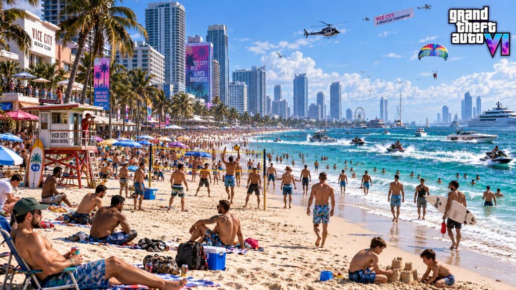GTA 6 beach environment featuring detailed ocean water, crowds, boats, and realistic lighting