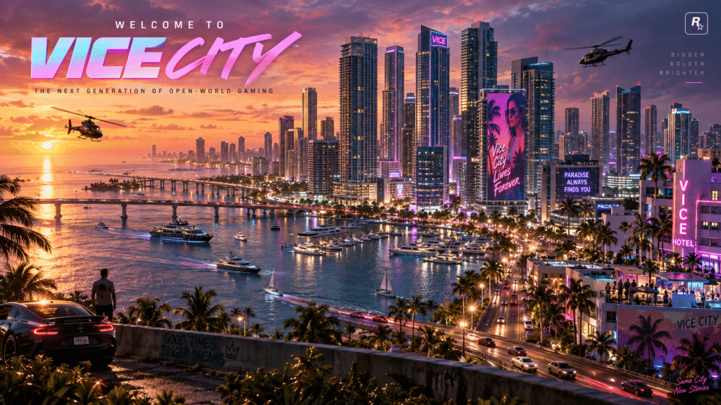 Rockstar games gta 6 world details, GTA 6 Vice City skyline at sunset showing neon lights and modern skyscrapers