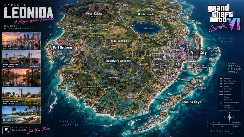 GTA 6 Leonida state map showing Vice City, Leonida Keys, Port Gellhorn, and other confirmed regions