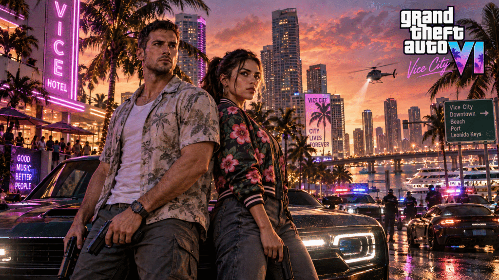 Jason Duval and Lucia Caminos standing together in Vice City during GTA 6 story mission