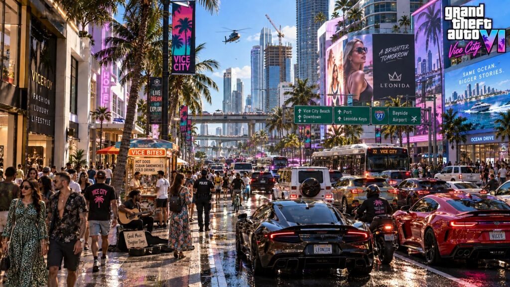 Busy GTA 6 street packed with pedestrians, traffic, shops, and dynamic city activity