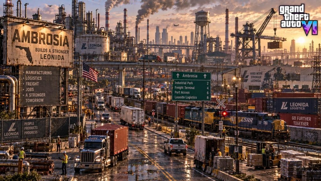 GTA 6 Ambrosia industrial district showing factories, warehouses, and freight transportation