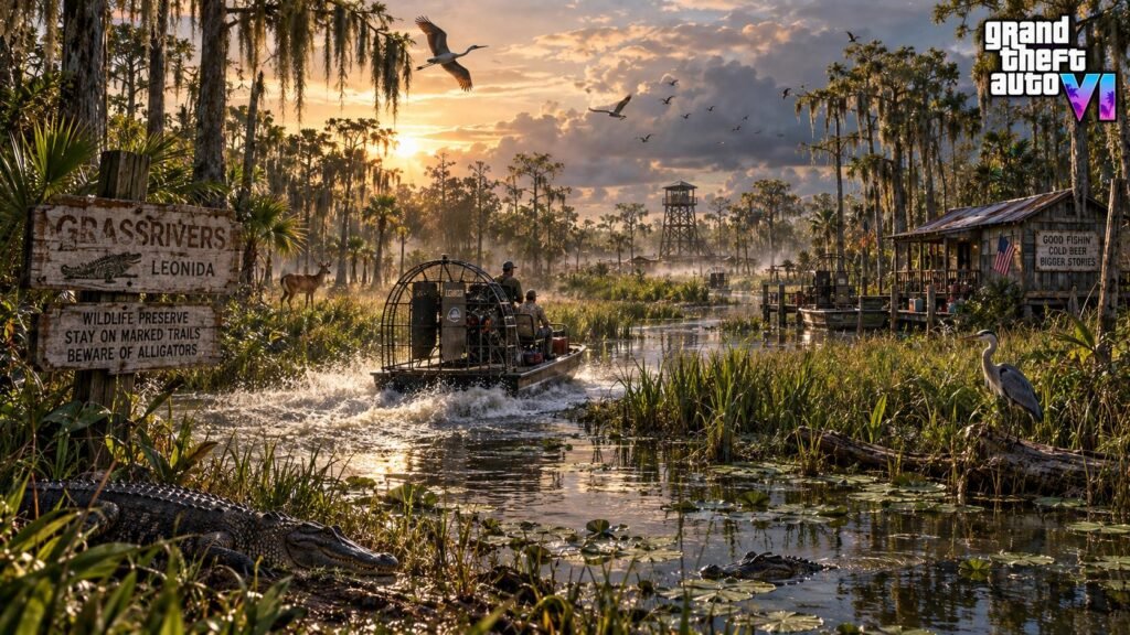 Grassrivers wetland environment featuring wildlife, swamps, waterways, and dense vegetation in GTA 6