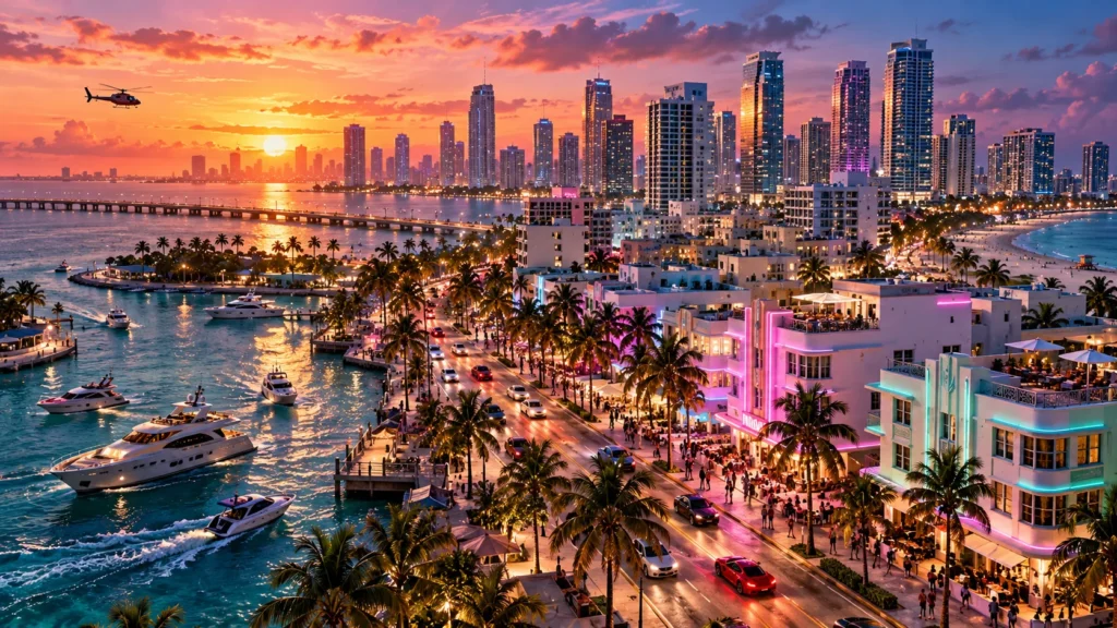 AI-generated Vice City-inspired skyline illustrating the Miami influence behind the GTA 6 setting
