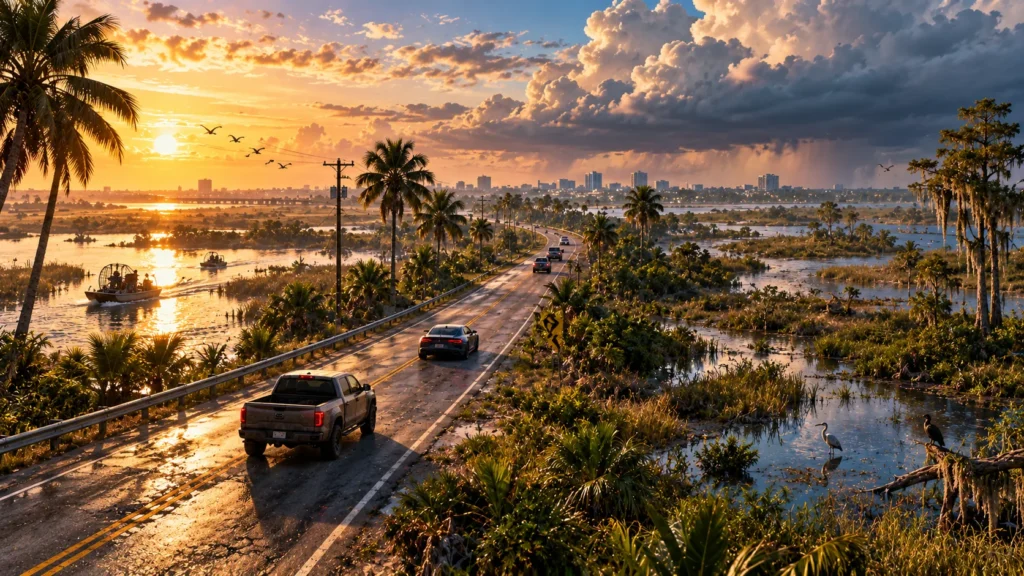 Fictional Leonida-inspired landscape with tropical roads and wetlands for a GTA 6 setting guide.