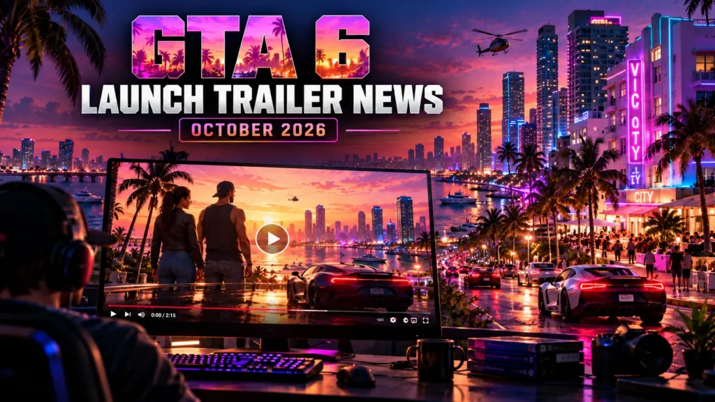 GTA 6 October 2026 launch trailer news illustration for a gaming blog article.