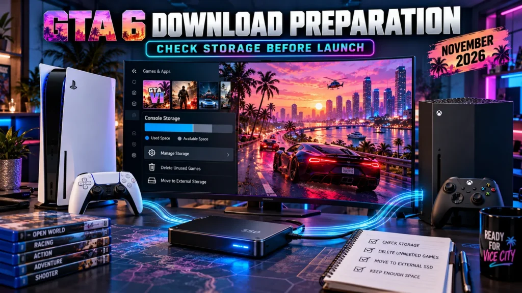 Console storage preparation for the GTA 6 download before its scheduled November 2026 launch.