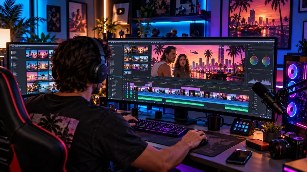 Daily Drench Gaming creator preparing a GTA 6 launch trailer analysis and soundtrack breakdown for YouTube.