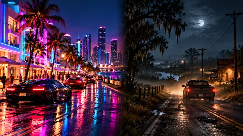 GTA 6 Vice City and Leonida contrast highlighting the game's glamorous urban setting and darker criminal atmosphere.